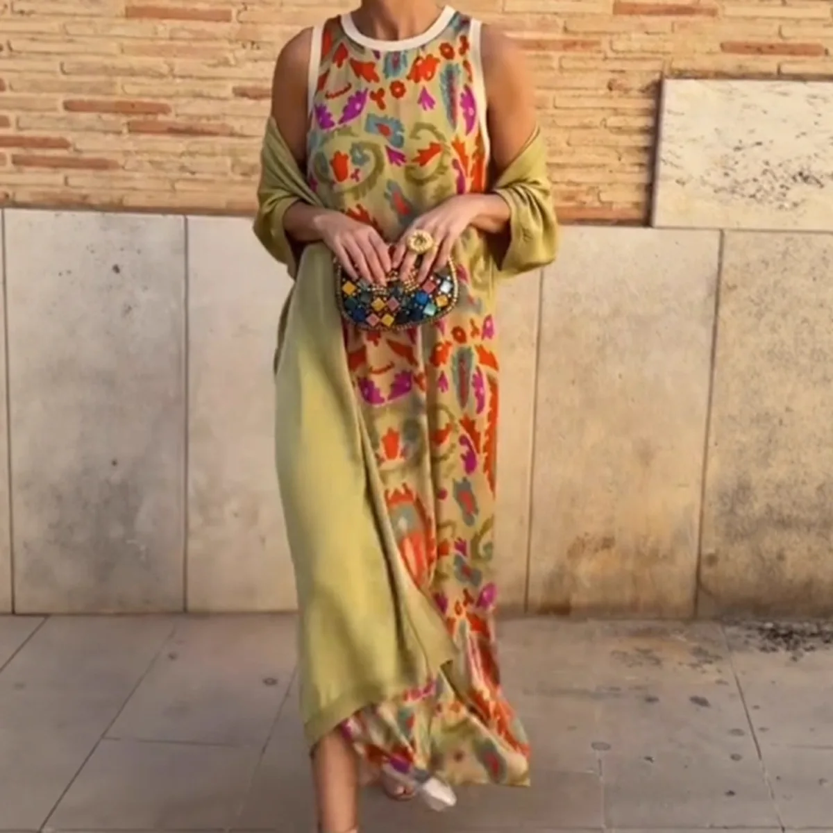 Sukienka damska z nadrukiem cyfrowym, okrągły dekolt, długa sukienka na ramiączkach + kardigan chroniący przed słońcem, 2025