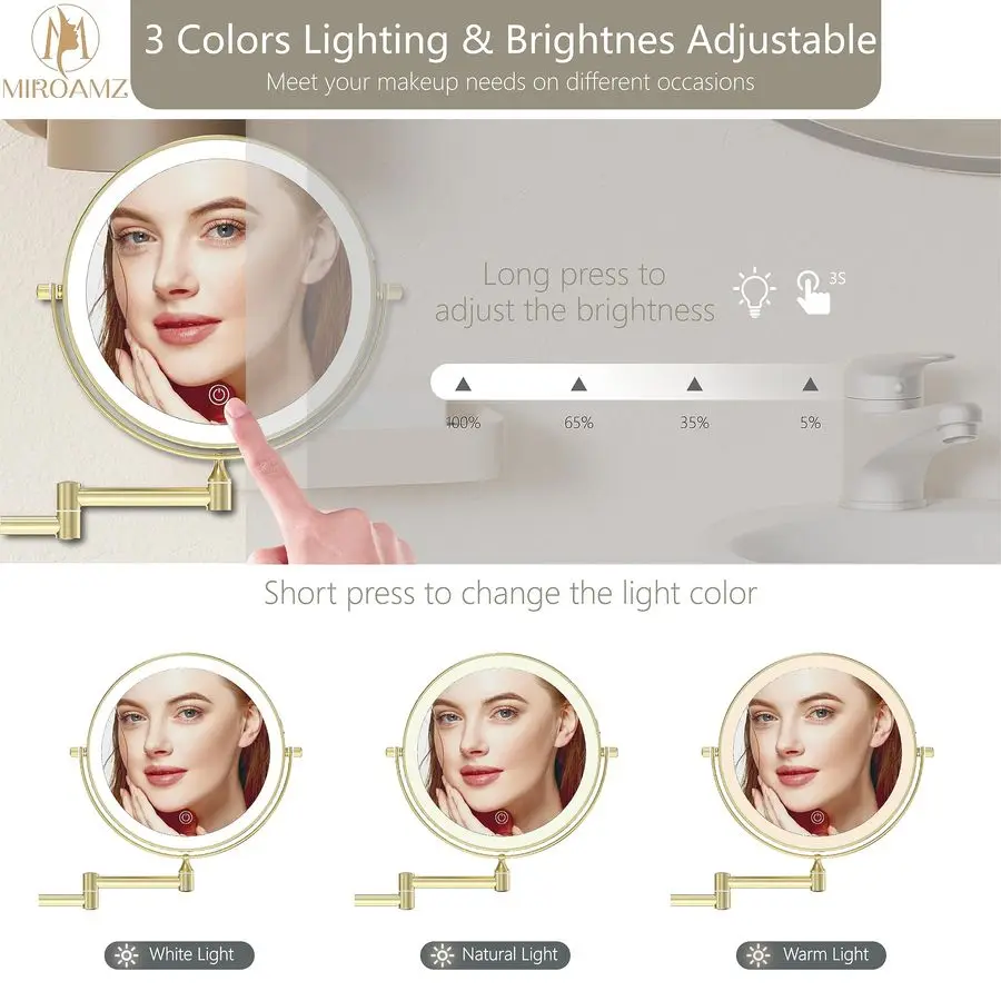 مرآة مكياج مضاءة مثبتة على الحائط مقاس 9 بوصة مزدوجة الجوانب 1X 10X مرآة حمام مكبرة، إضاءة 3 ألوان، شاشة تعمل باللمس #3