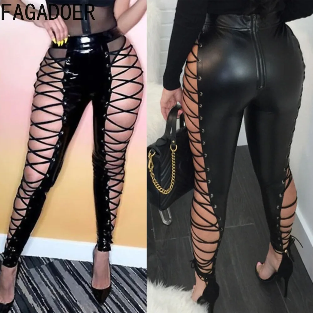 

FAGADOER Black Fashion PU Leather Bandage Skinny Pants Women High Waist Hollow Out Trousers Sexy Lady Nightclub Lace Up Bottoms