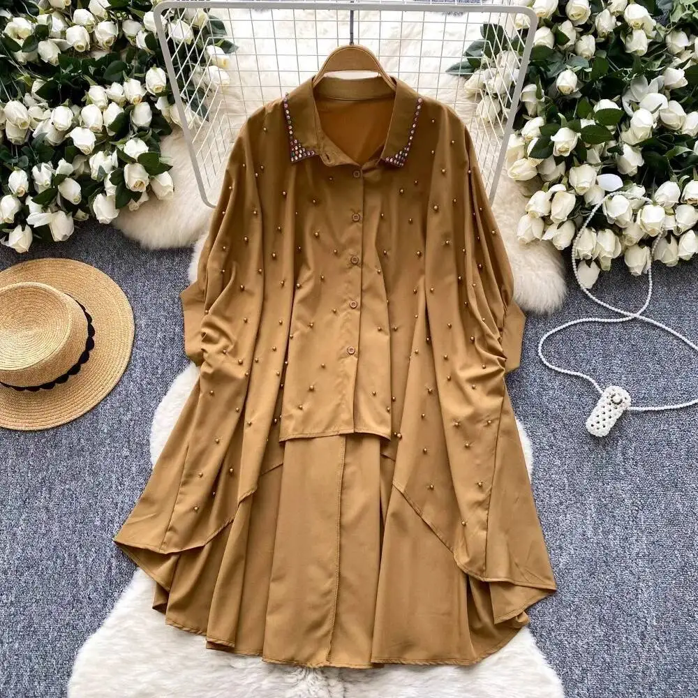 

BabYoung Europe Irregular Design Dias Shirt Beading Loose Single Breasted Batwing Sleeve Blouses New Moda Mid-Length Blusas