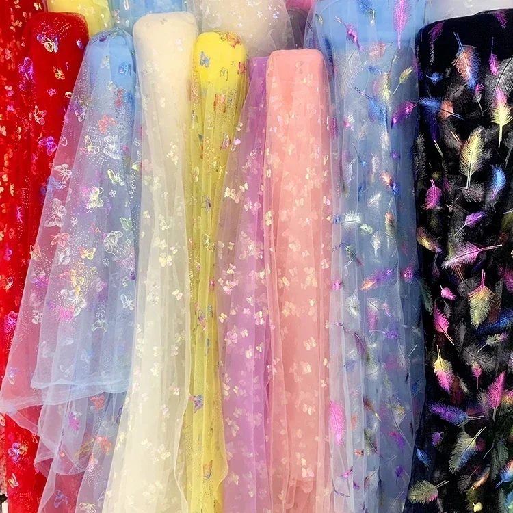 Butterfly Polka Dot Tulle Mesh Fabric By Meters for Skirts Clothing Decoration Sewing Transparent Feather Glitter Soft Cloth Red