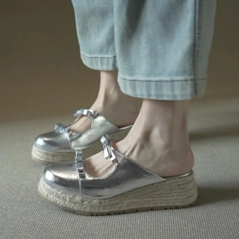 Metallic Mary Jane Mules for Women Elegant Double Bow Platform Sandals Chic Closed Toe Espadrilles Trendy Summer Shoes