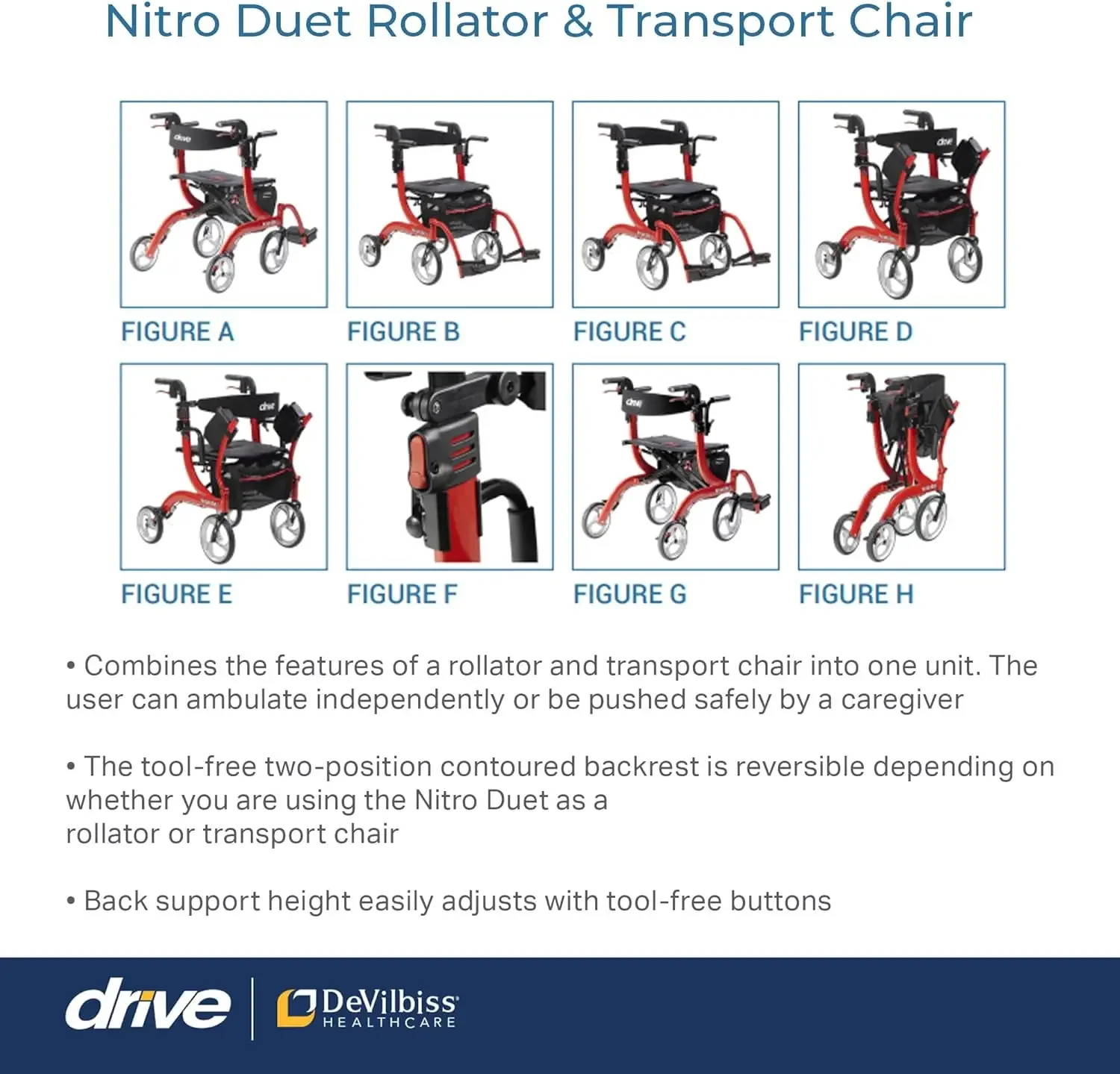 home.Nitro Dual-Funktions-Transportrollstuhl und Rollator Rolling Walker Combo mit handaktivierten Bremsen und Rückenstütze, Rot