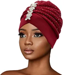 Luxury Women Rhinestone Pleated Turban Cap Women Head Wrap Fashion Beanies Skullies Muslim Headscarf Bonnet African Headtie