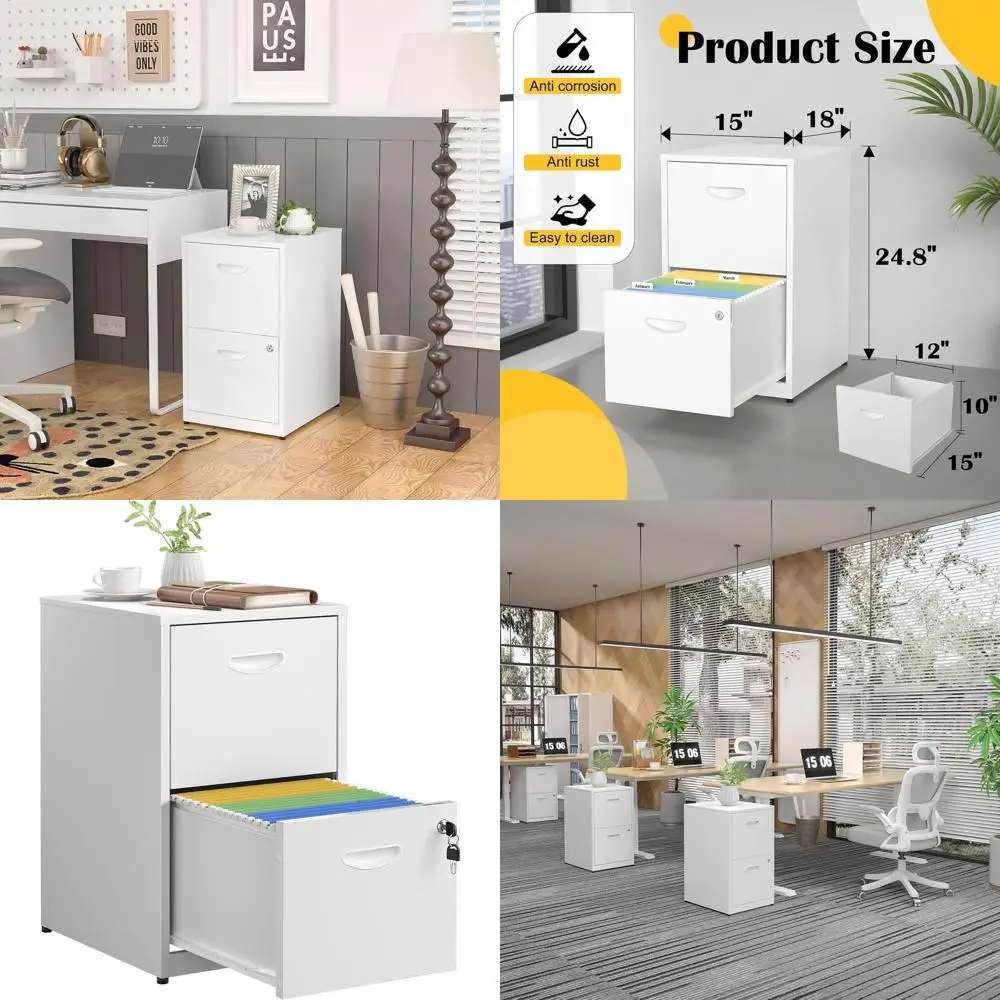 

White Metal 2-Drawer Lockable File Cabinet for Home Office, Letter-Size Hanging, Easy Assembly