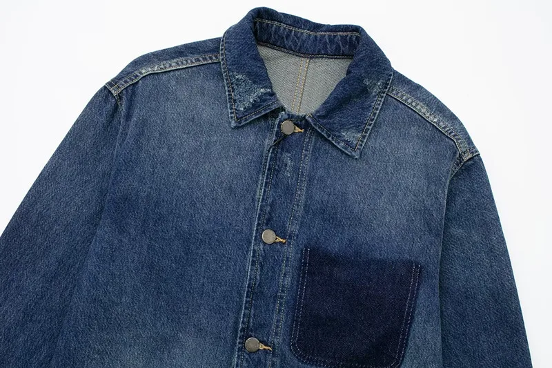 

Faionable Denim irt Jaet with ket for Women Summer 2023 Collar Long Sve Commute Sle Pure Color Outerwear