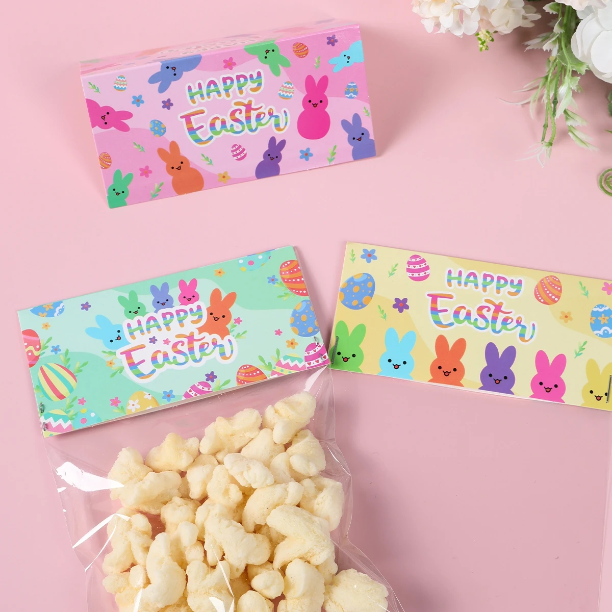 12pcs Happy Easter Printed Small Bunny Gift Candy Decorative Bag, Happy Easter Gifts Easter egg Pattern Opp Self-sealing Bags