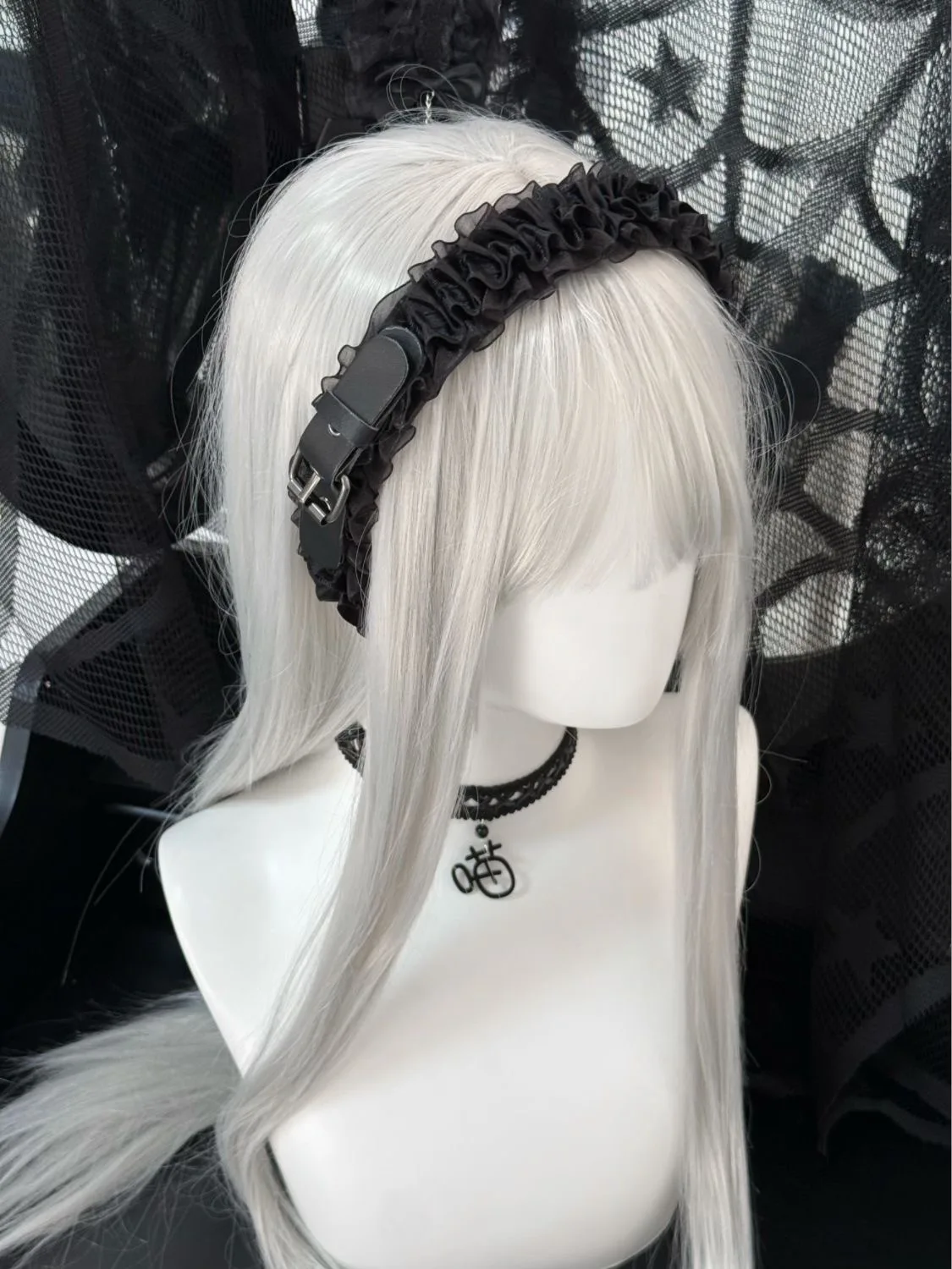 Y2K- Aro para el pelo de encaje con hebilla negra para niña, gótico oscuro, Punk, ropa de calle para mujer, diadema para discoteca, disfraz de Halloween