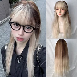 Długie proste Ombre blond brązowe syntetyczne kobiety peruka z grzywką puszyste Cosplay peruka Lolita na codzienną imprezę