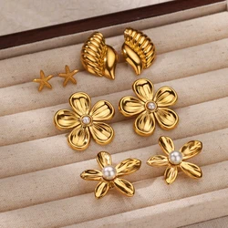 Flower Artificial Pearl Stainless Steel Earrings for Women Gold Color Conch Charm Earring Wedding Party Jewelry Accessories Gift