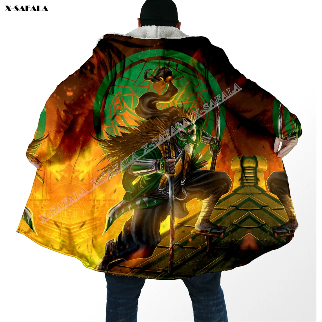 

Beautiful Japanese Samurai Harajuku 3D Printed Overcoat Hooded Blanket Coat Cape Robe Fleece Loose Men Female Cloak Windproof