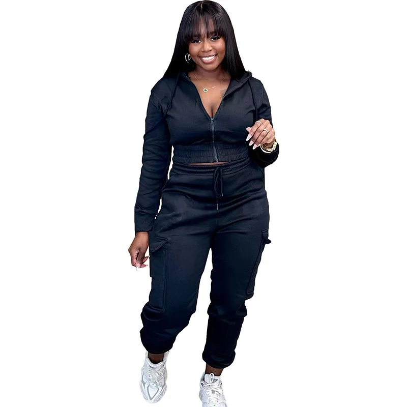 

Mutevole Hooded Jacket Sweatshirt and Sweatpants Woman Plush Two Piece Tracksuit Long Sleeve Zipper Crop Top Legging Set