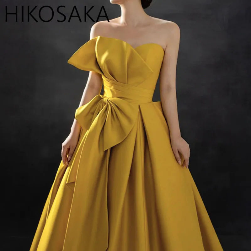 Customized Yellow Color Gorgeous Strapless Evening Dresses French Style With Bow Fairy A-line Prom Party Gowns Woman Hemline Ves