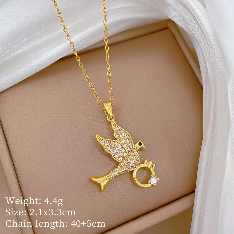 Coranda Women's Stainless Steel Plated 18K Gold Swallow Ring Necklace with White Zirconia Jewelry Gift