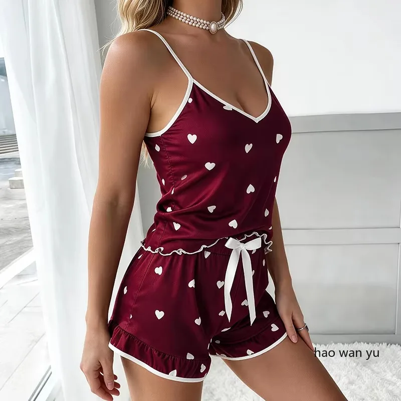 2PCS/Set Plus Size Sleeveless Pajamas Suspenders College Students Sleepwear Homewear Printed Tops Shorts Women's Sexy Nightwear