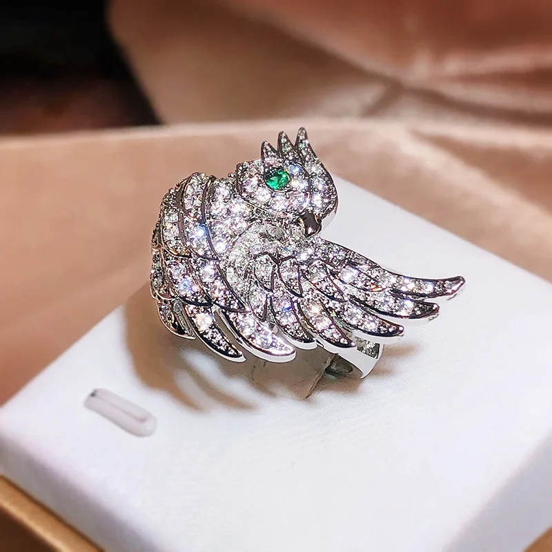 Creative Irregular Bird Emerald Wings Full Diamond Couple Ring For Women Geometry Zircon Christmas Gift Party Jewelry