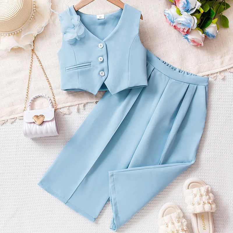 

2Piece Summer Baby Girl Clothes Korean Fashion V-neck Sleeveless Blue Tops+Loose Pants Boutique Kids Clothing Two Piece Set B063