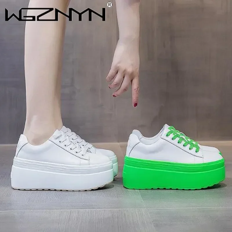 Luxury Autumn Genuine Leather Women Casual Shoes Super Thick 8CM Platform Wedge Women Sneakers Chunky Shoes Summer Skateboard