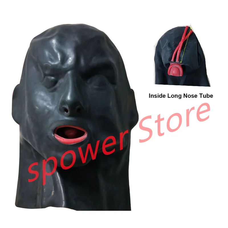 

Natural Latex Full Head Latex Hoods Rubber Mask Fetish Cosplay Mask Red with Gag Long Nose Tube