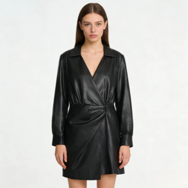 

PU Leather Dress for Women | Casual French Style Bodycon Midi Dress