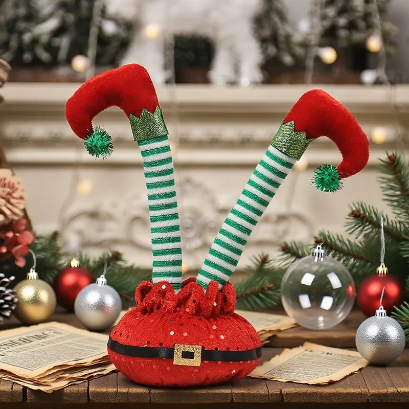 1개 크리스마스 장식 만화 빨간색과 흰색 줄무늬 벨트 엘프 줄무늬 엘프 발 장식 구부러진 크리스마스 분위기 장식
