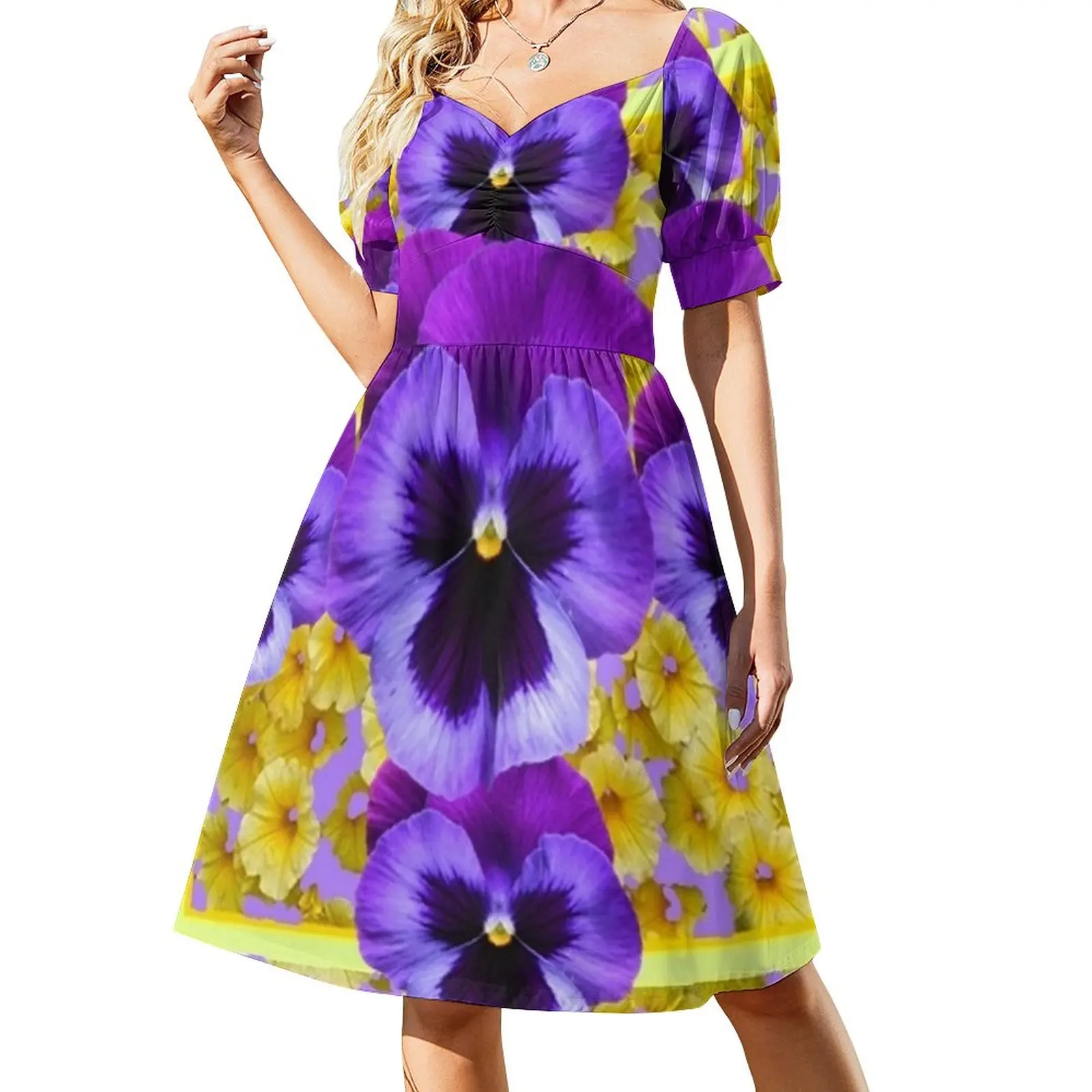 

PURPLE PANSIES IN YELLOW FLORAL GARDEN Dress dress women elegant luxury woman dress Womens dresses Female clothing