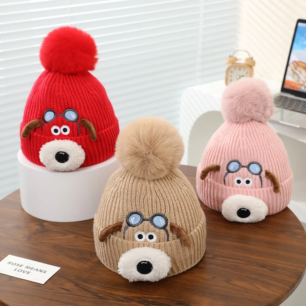 Cartoon Dog Design Winter Baby Beanie Hat with Fur Ball Thickened Woolen Knitted Hats Warm Ear Protection Cap