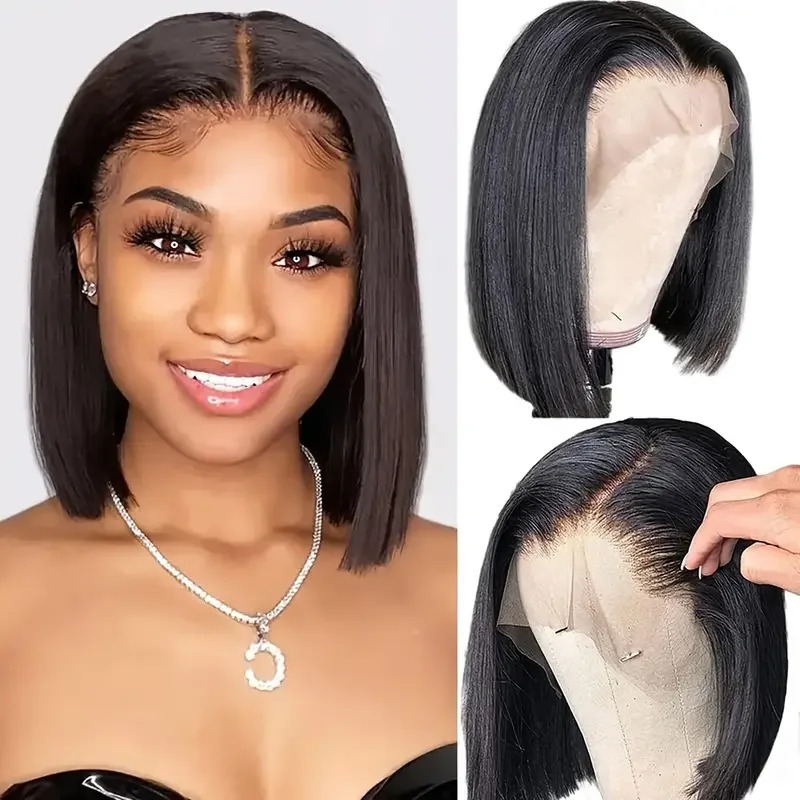 Fotografia 4: Perucas de Cabelo Humano Bob Curto de 8 Polegadas 13x4 com Renda Frontal Transparente Pré-Alongada com Baby Hair Liso