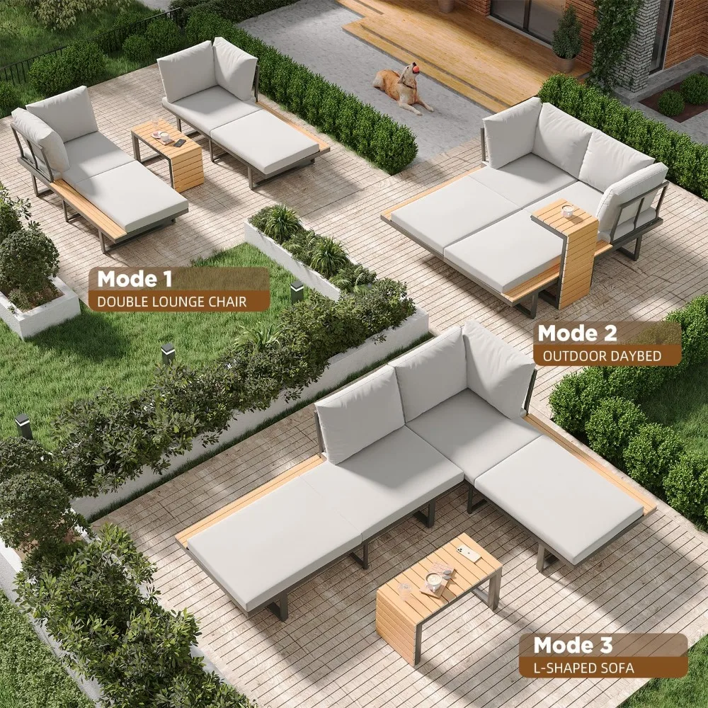 Juego de sofá cama exterior moderno gris de 3 piezas con mesa de centro y sofá seccional