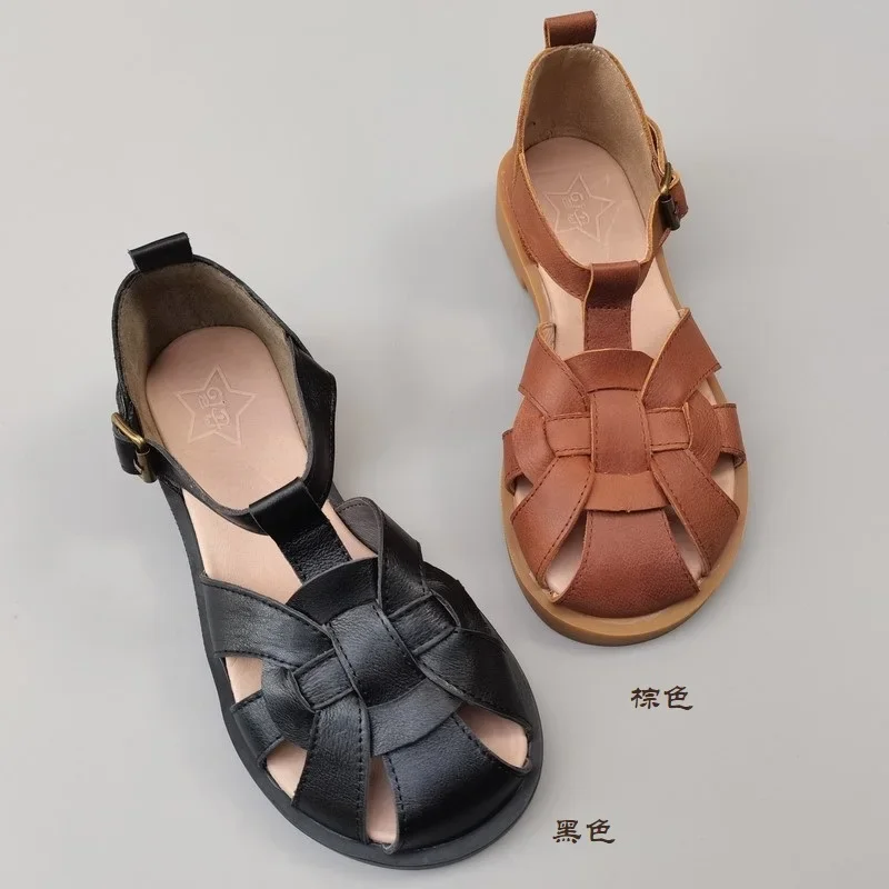 Careaymade-Genuine Leather big toe shoes wide sandals women's summer original single breathable soft bottom casual sandals - view 4