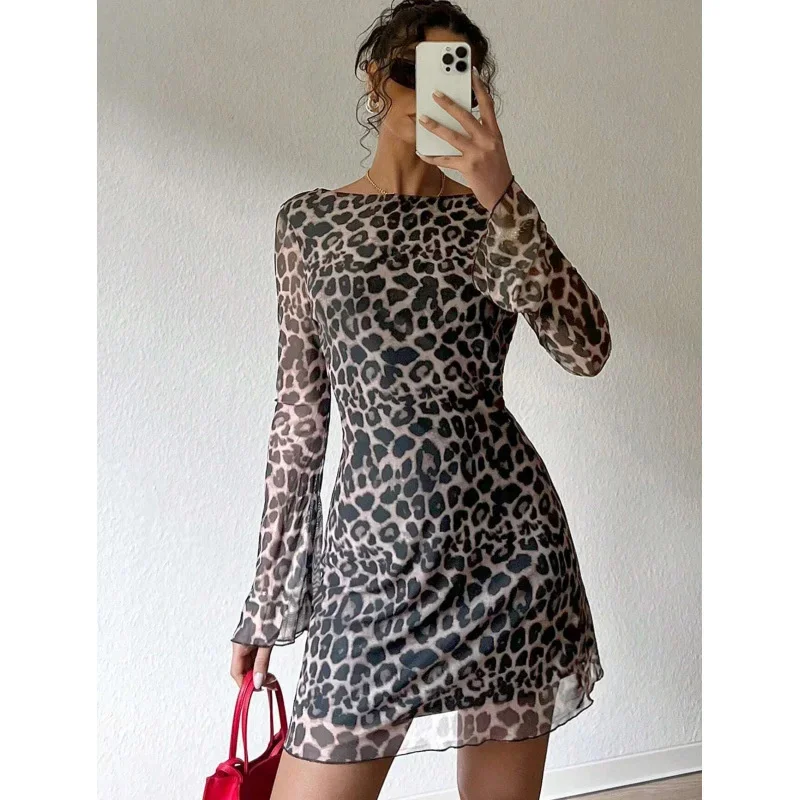 

2025 Spring Women's Leopard Long Flare Sleeves Backless Lace Up Mini Dress Sexy Slim Outfit Party Clubwear Women'S Clothes