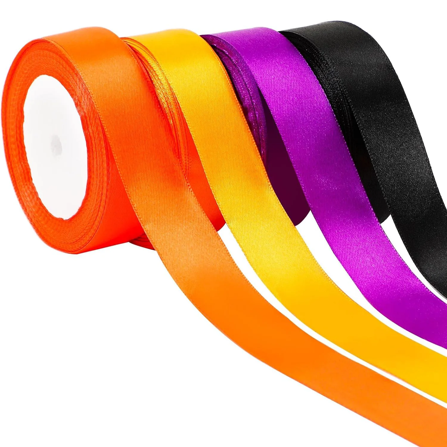 선물 포장용 할로윈 새틴 리본, 4 롤 100 야드, 2.5cm 너비, 밝은 주황색, 어두운 주황색, 검은색 및 보라색