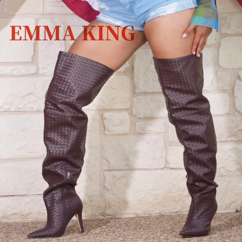 

Woven Faux Leather Over Knee Boots Women'S Sexy Pointy Toe High Heels Long Boots Ladies Stylish Side-zip Thigh High Boots 35-44