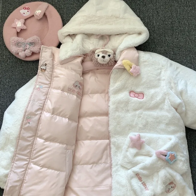 

Street Winter Double Wear New Hello Kitty Cute Plush Thick Coat Women Winter Cotton Clothes Double Sided Wearable Jacket Women