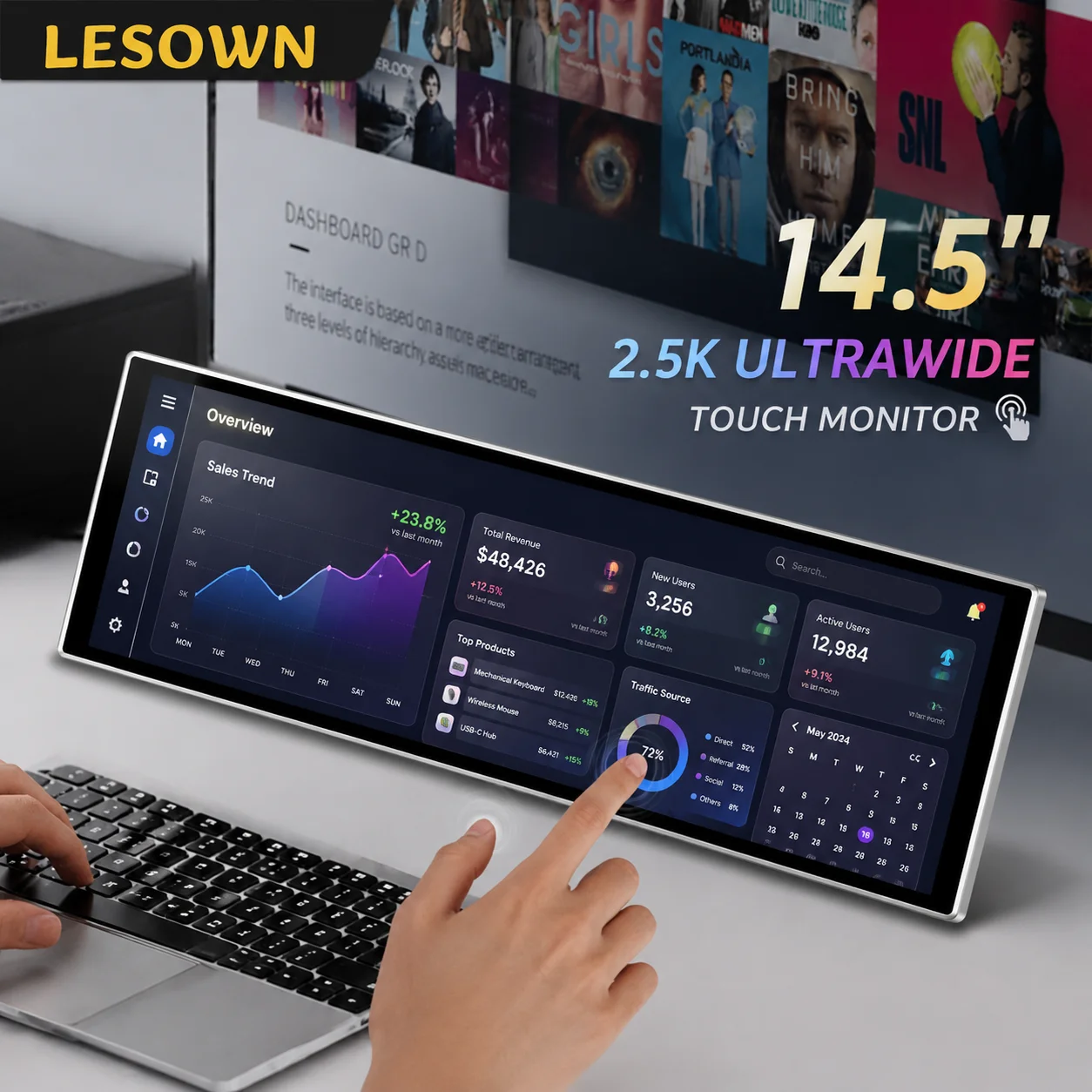 LESOWN 14.5-inch Capacitive Touchscreen Travel Display 16:4 Ratio Instant Connection with Speakers for PC Laptop