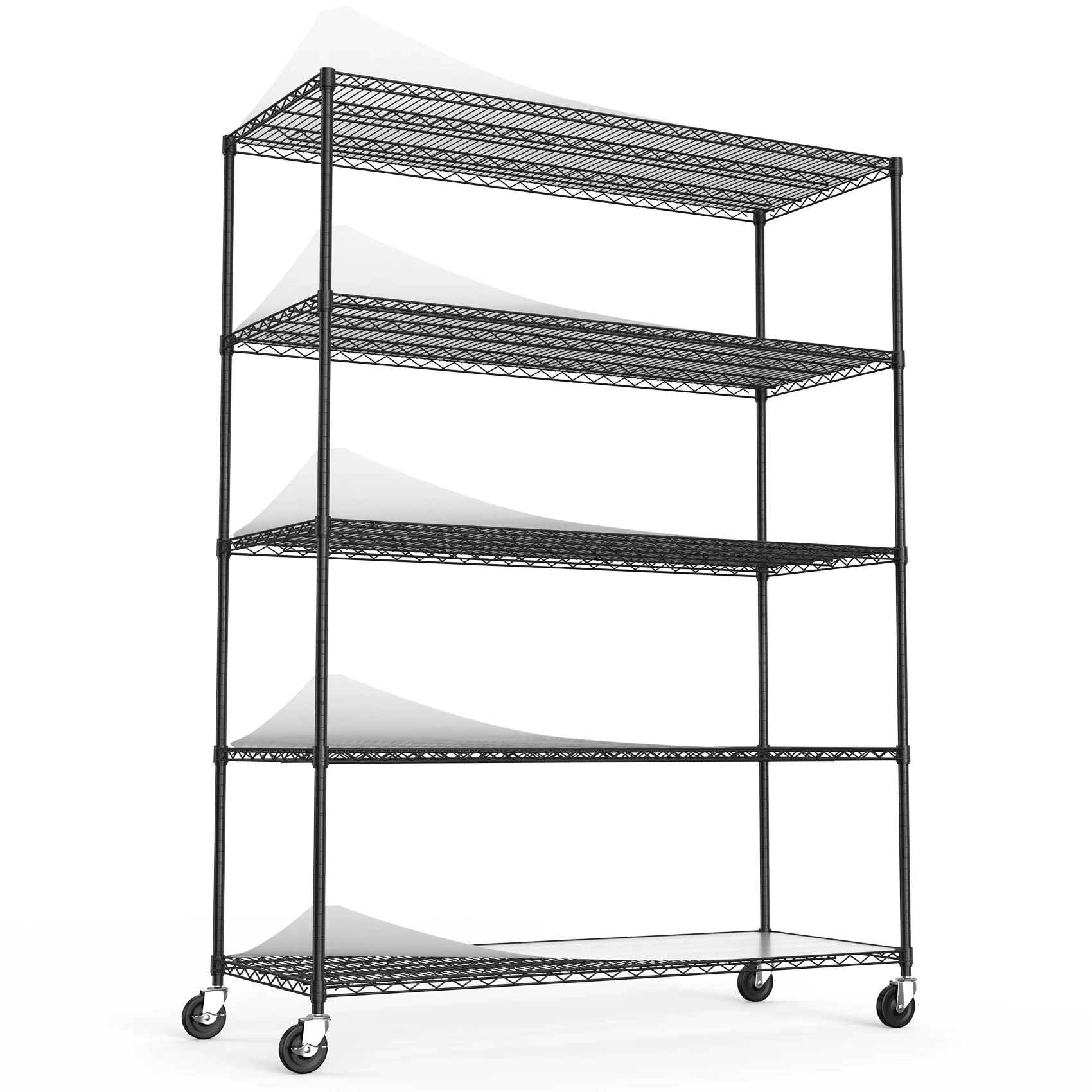 5-layer 7500 pound heavy-duty adjustable storage rack metal frame with wheels and shelf pads - black, white, chrome