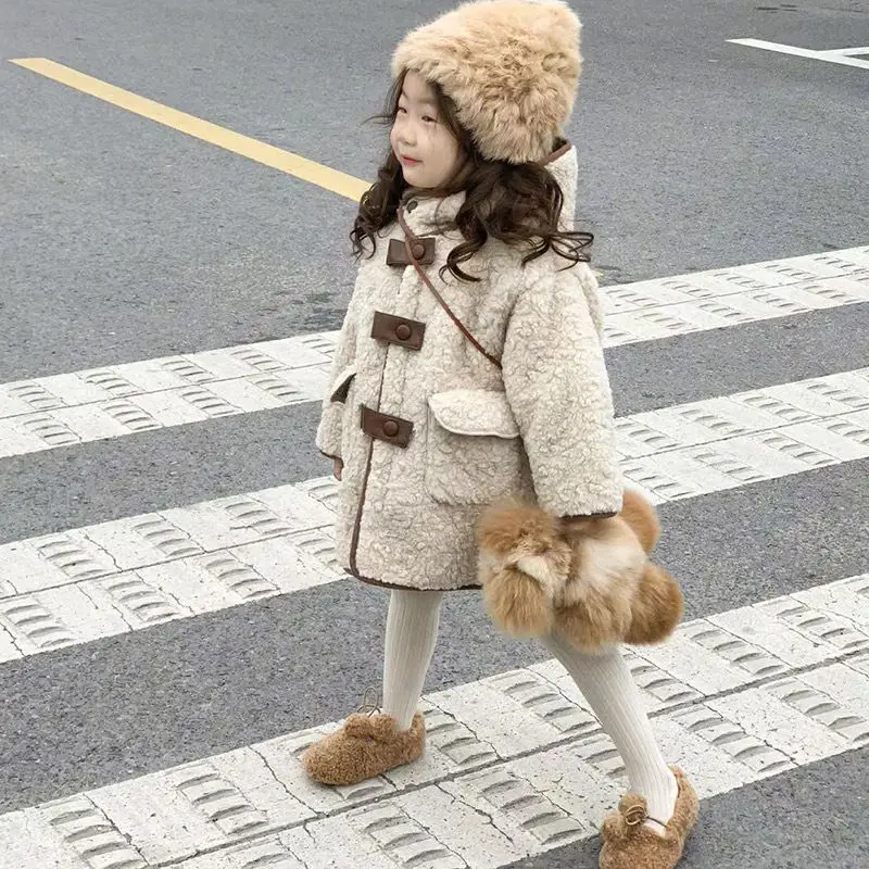 Girls\' Coat Autumn and Winter New Korean Style Trendy and Trendy Plush Hooded Jacket for Children