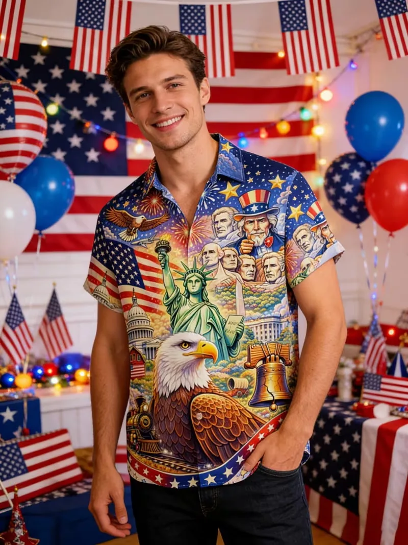 Patriotic America 250 Years Hawaiian Shirt For Men Short Sleeve Button Up Aloha Shirt 4th Of July Independence Day Party Shirts