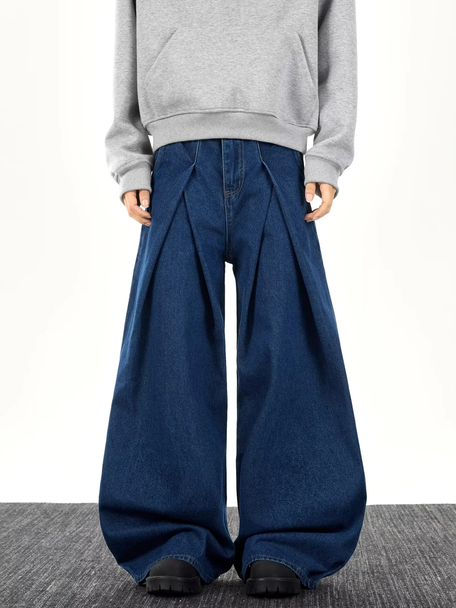 

American Style Double Pleat Denim Jeans Men Winter Trendy Loose Casual Pants Retro Design Versatile Wide Leg Pants