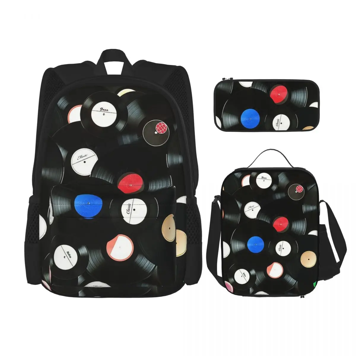 

Nostalgic Retro Vinyl Record Street Hip Hop Backpacks Boys Girls Bookbag School Bags Rucksack Lunch Bag Pen Bag Three-Piece Set