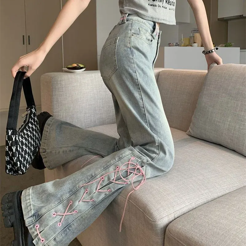 

Y2K Pink Fashionable Lace-up Flared Jeans Autumn New High Waist Bootcut Denim Pants Female Clothing Korean Slim Vintage Trousers