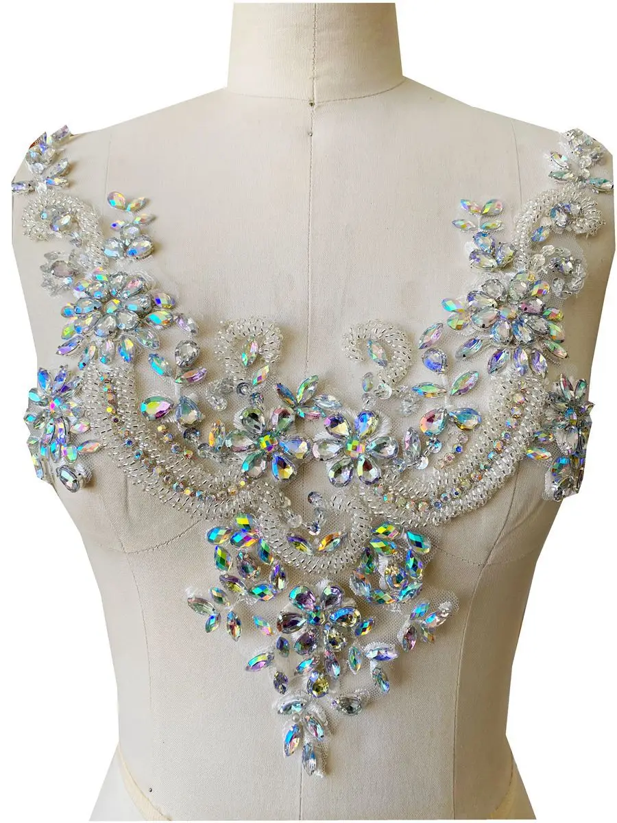 

12 Colors Luxury Handmade Diamond Rhinestone Prom Gown Material V Neck Evening Dress Fabric Beading Tulle Apparel Decoration