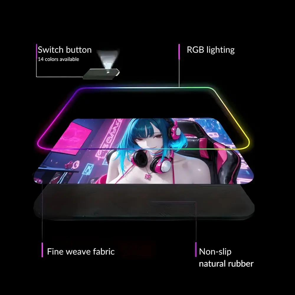 Anime girl wearing headphones Mouse Pad Animation Games Beautiful RGB Gaming Mouse Pad HD Gamer Large LED Light PC Computer pad