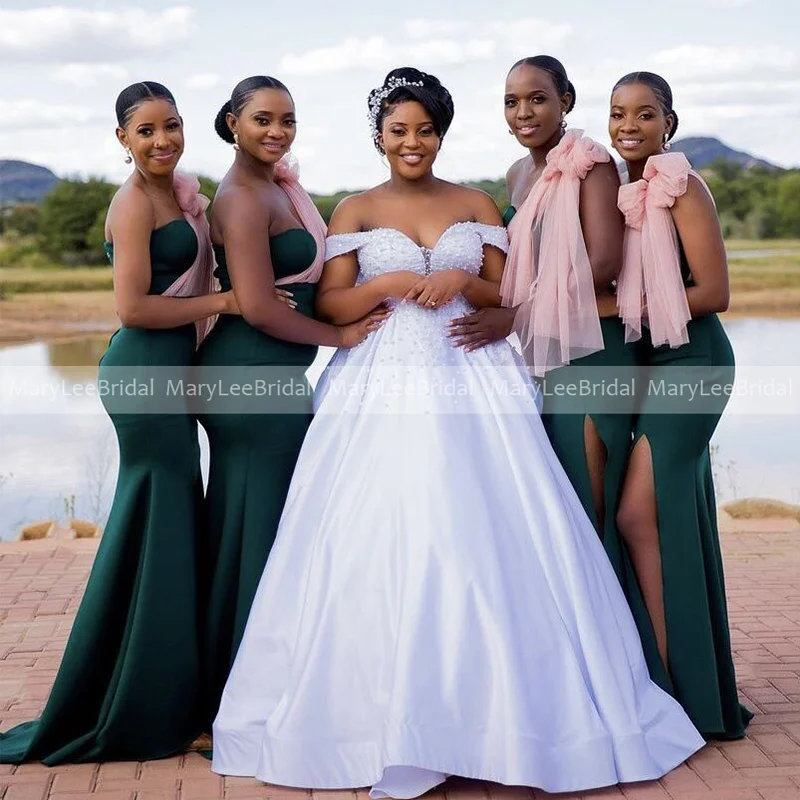 Vestidos de dama de honor de sirena verde oscuro con tul rosa, un hombro con abertura lateral, vestido elegante de novia para dama de honor, mujer para fiesta de boda