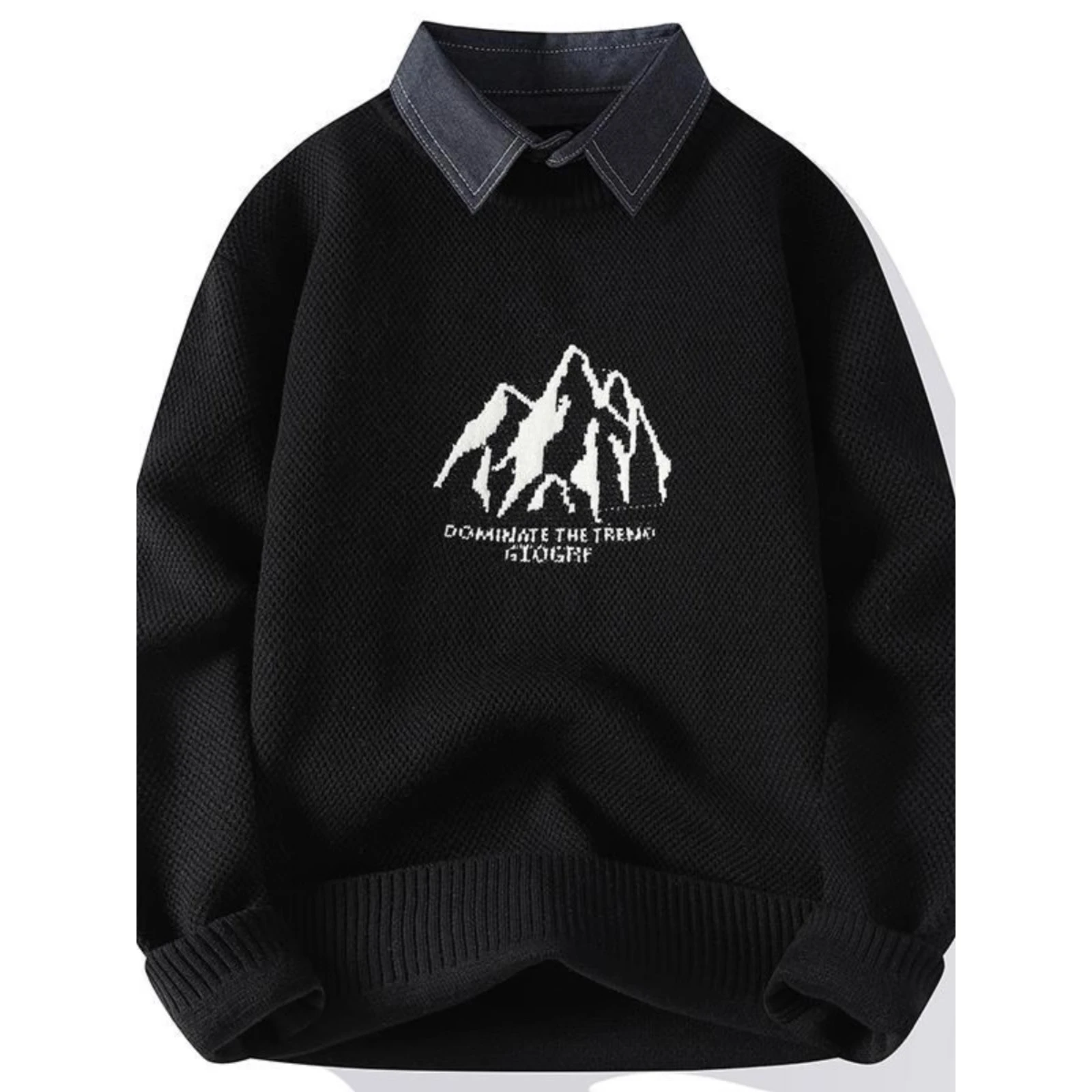 

Loose irt Collar Knitted Sweater for Men Autumn Winter Thiened Casual Sle Fake Two-Piece Design Large Size Polyester