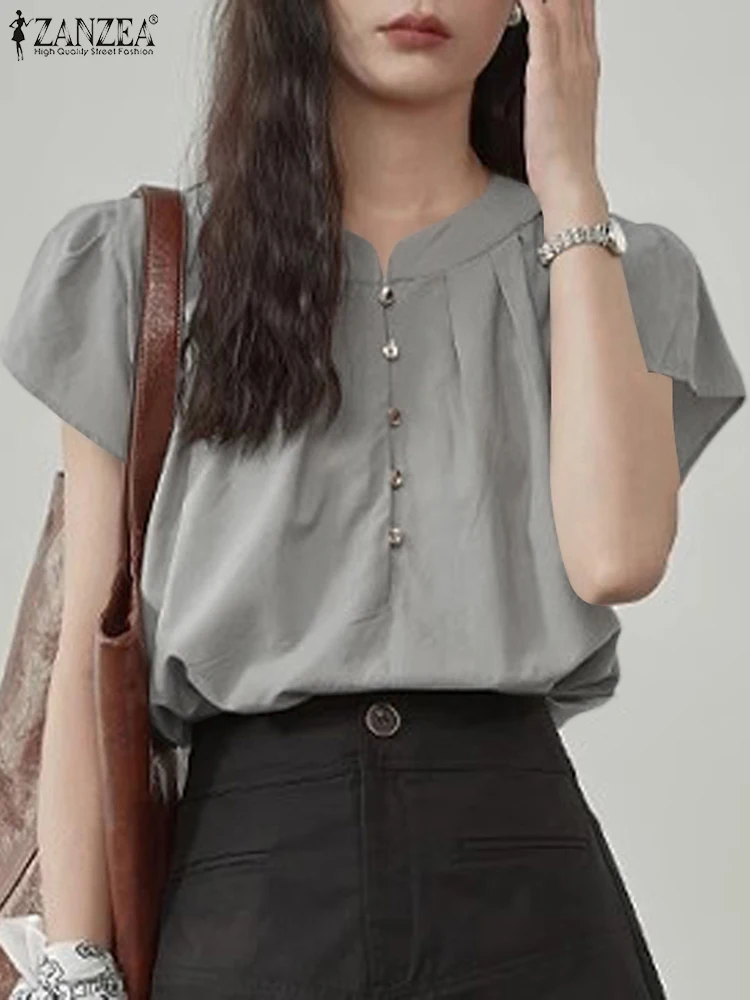 

2024 Summer Solid Ruffle Tops Shirt ZANZEA Korean Women Flying Sleeve Blouse Harajuku Round Neck Blusa Casual Loose Sweety Tunic