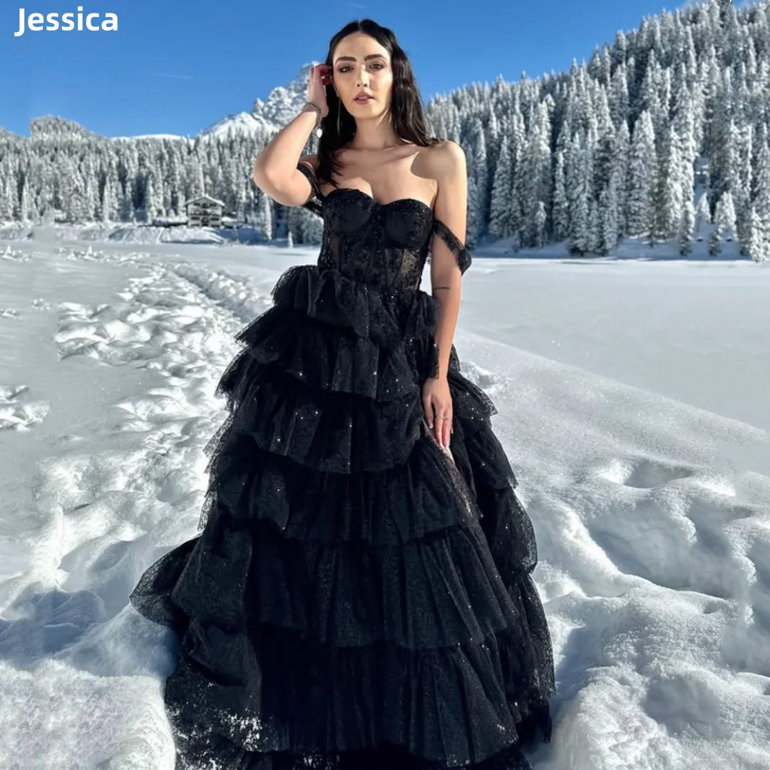 

Jessica Glitter Embroidered Tulle Prom Dresses Black Princess Wedding Dress Sexy Off-shoulder Robes De Soirée Customized 2025
