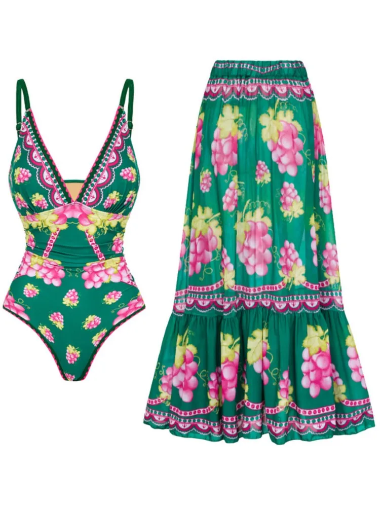 Retro Green Bikini Printed Fashion One Piece Swimsuit And Cover Up With Skirt Tight Women\'s Bandage Summer Beach Luxury Elegant