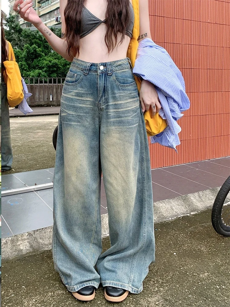 

Retro Washed Straight Leg Jeans Women's Loose Wide Leg Pants Slimming Floor-Length Trousers High Waist Denim Casual Spring 2026