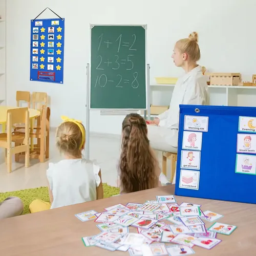 Imagen 2 del producto Tabla de horario Visual plegable de pie para niños, hogar, escuela, colgante de pared con 72 tarjetas preimpresas, 12 tarjetas de estrellas, bolígrafo de borrado en seco